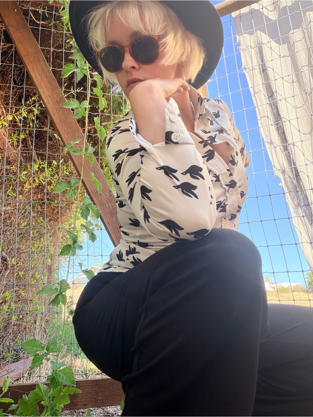 Vintage Cream Button-Down Shirt with Black Bird Motif